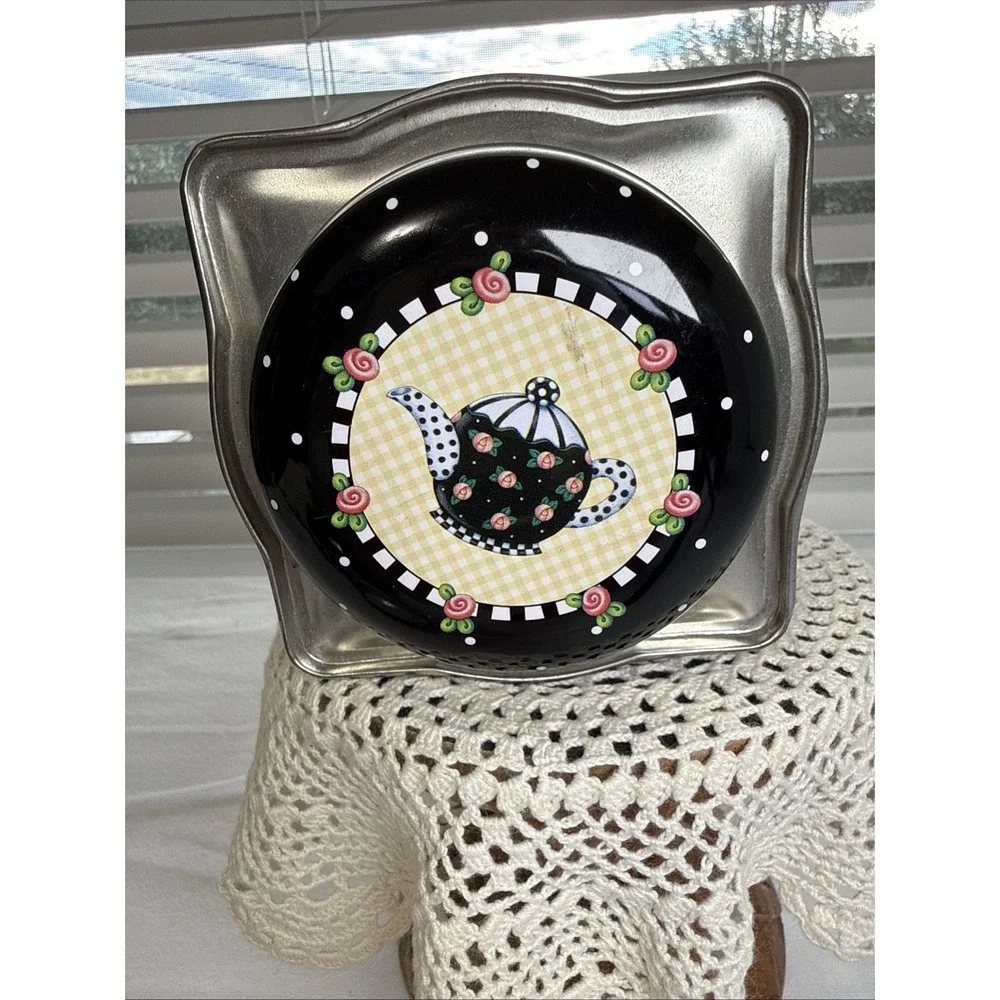 Mary Engelbreit Metal Tin Canister Lid Tea Flowers Teapot Design Vintage.